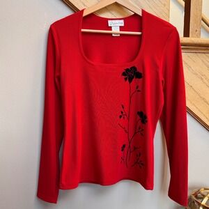 Vintage GANTOS Women Red Square‎ Neck Floral Velvet Burnout Embellished Top M